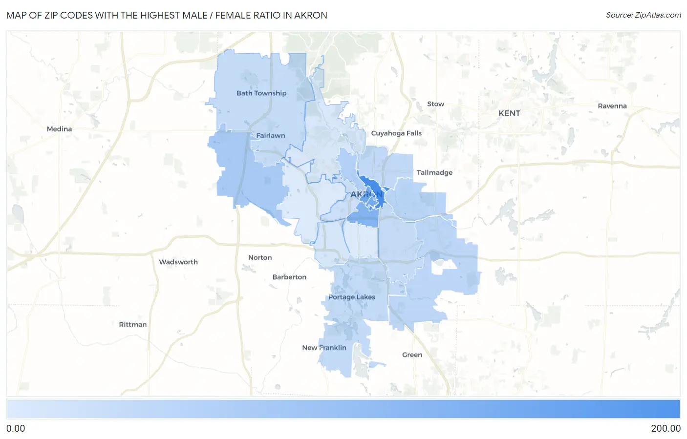 Zip Codes with the Highest Male / Female Ratio in Akron Map