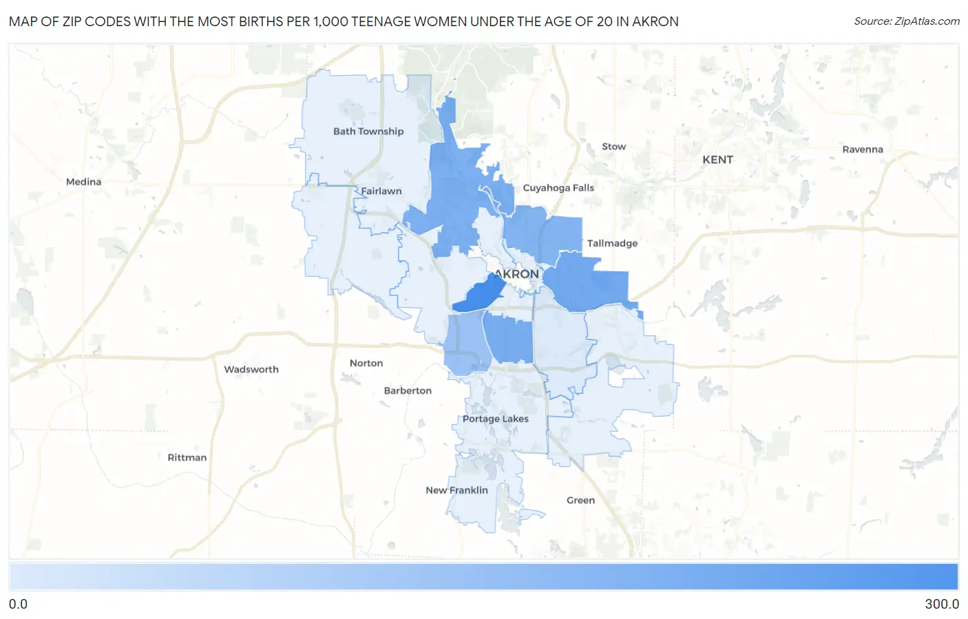 Zip Codes with the Most Births per 1,000 Teenage Women Under the Age of 20 in Akron Map