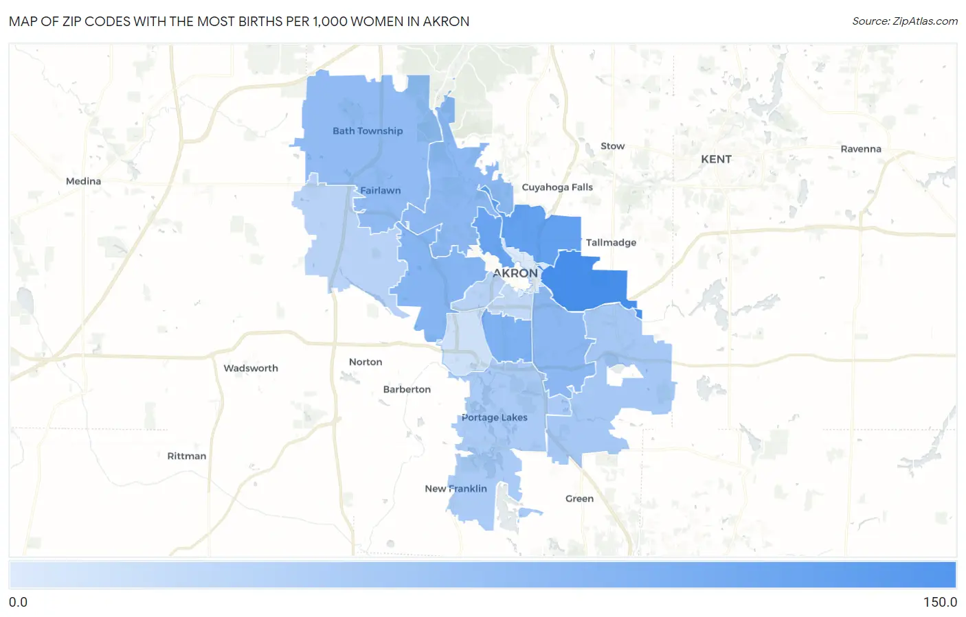 Zip Codes with the Most Births per 1,000 Women in Akron Map