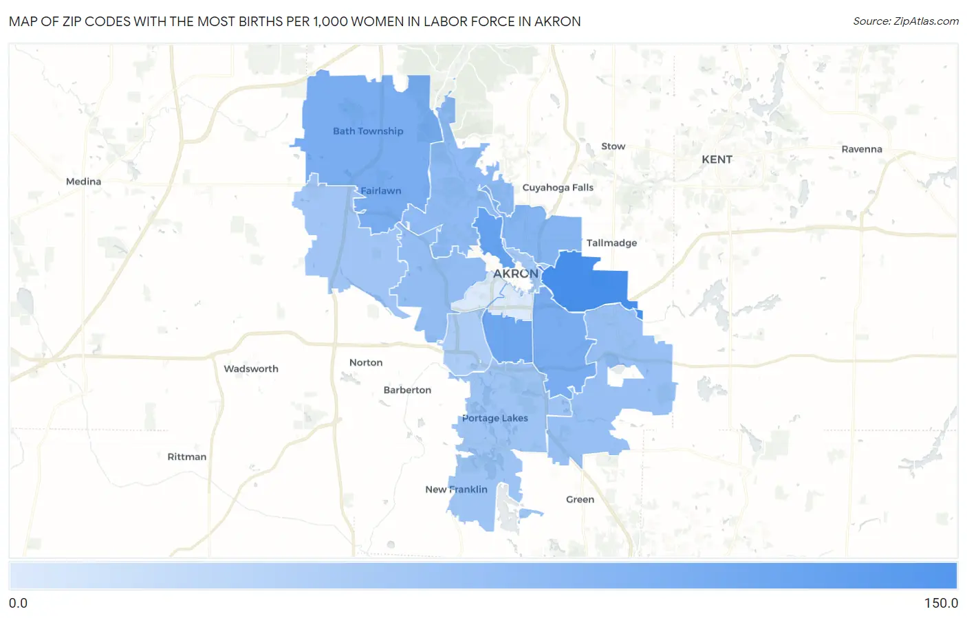 Zip Codes with the Most Births per 1,000 Women in Labor Force in Akron Map