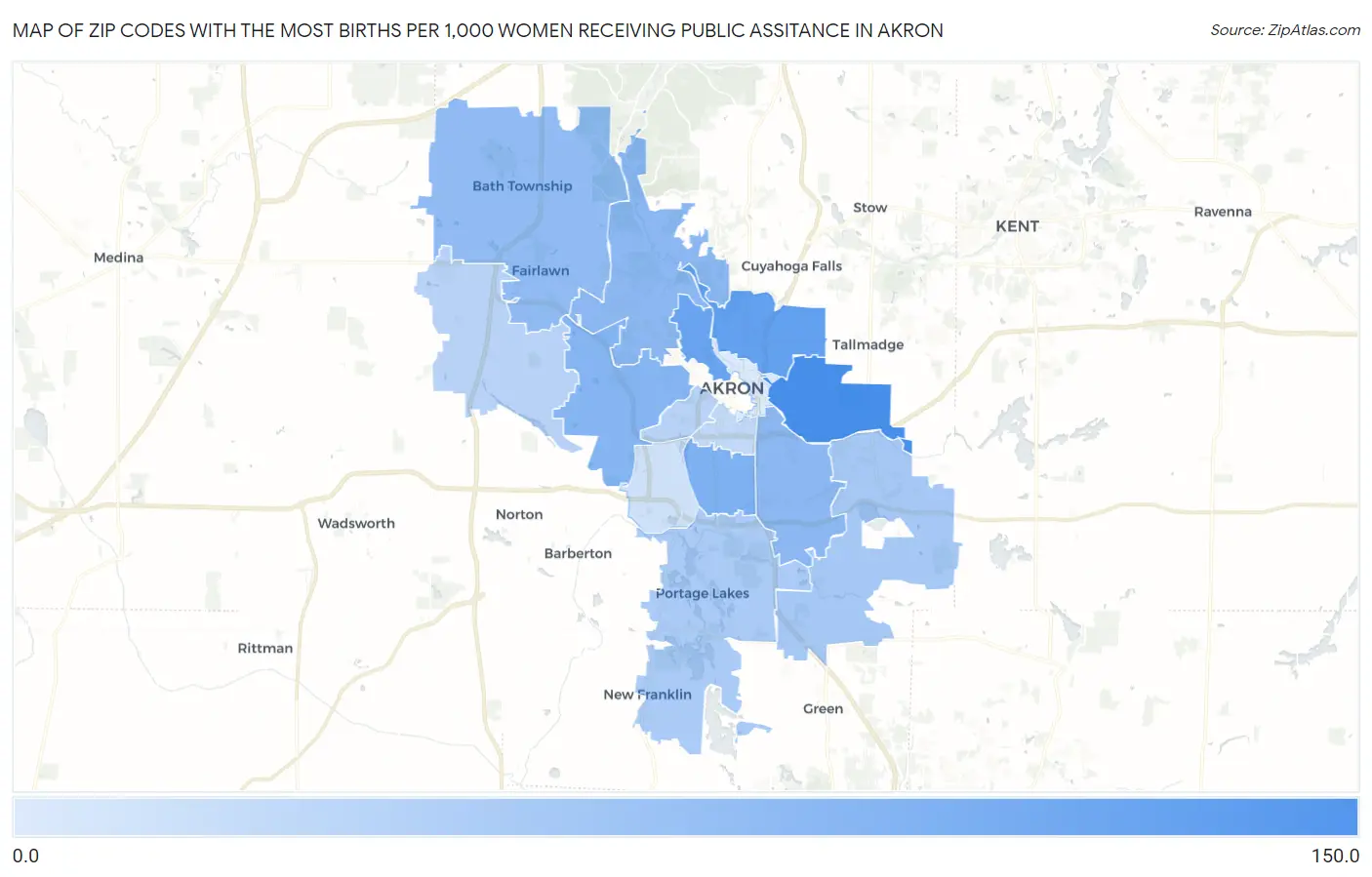 Zip Codes with the Most Births per 1,000 Women Receiving Public Assitance in Akron Map