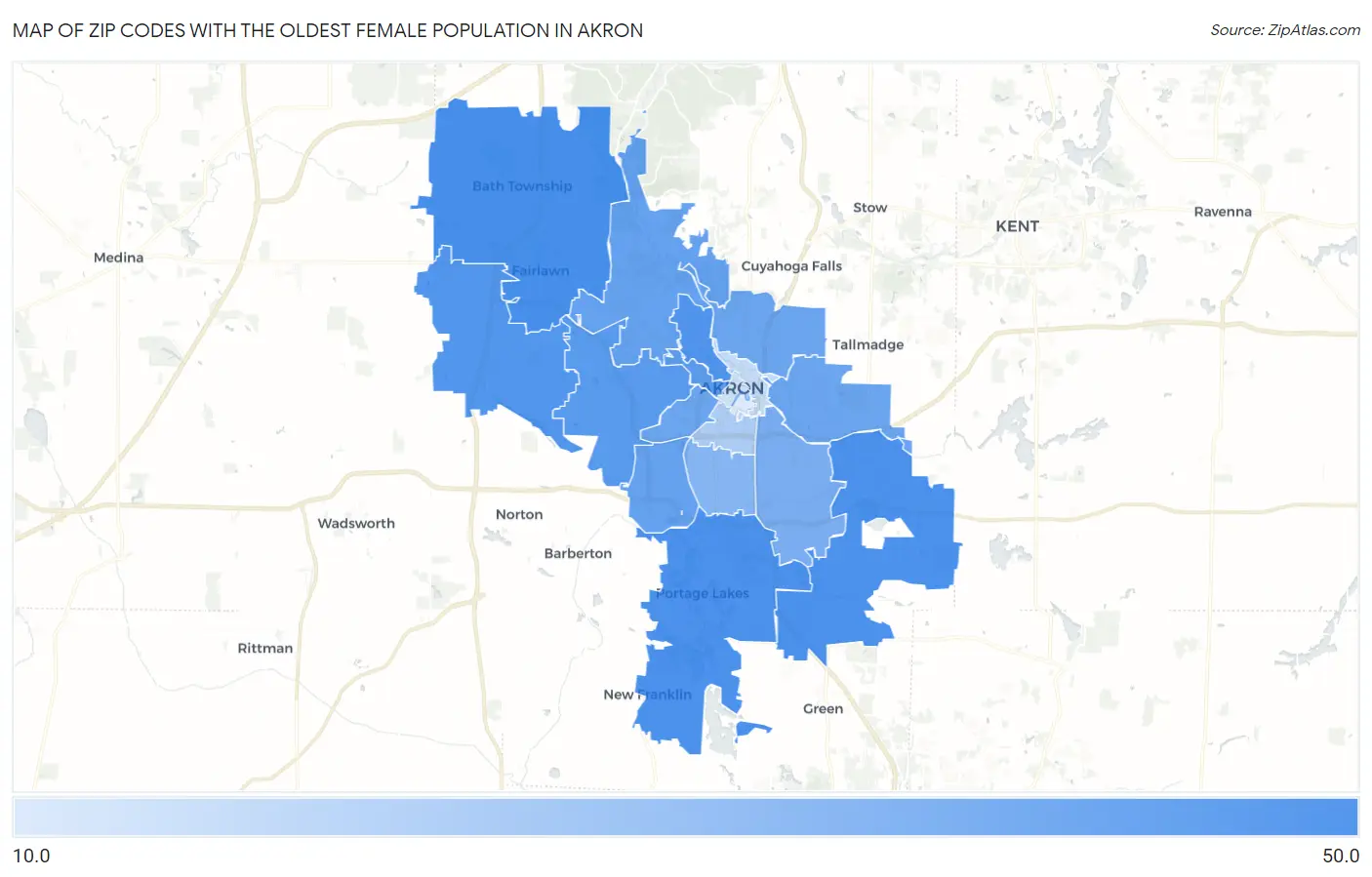 Zip Codes with the Oldest Female Population in Akron Map