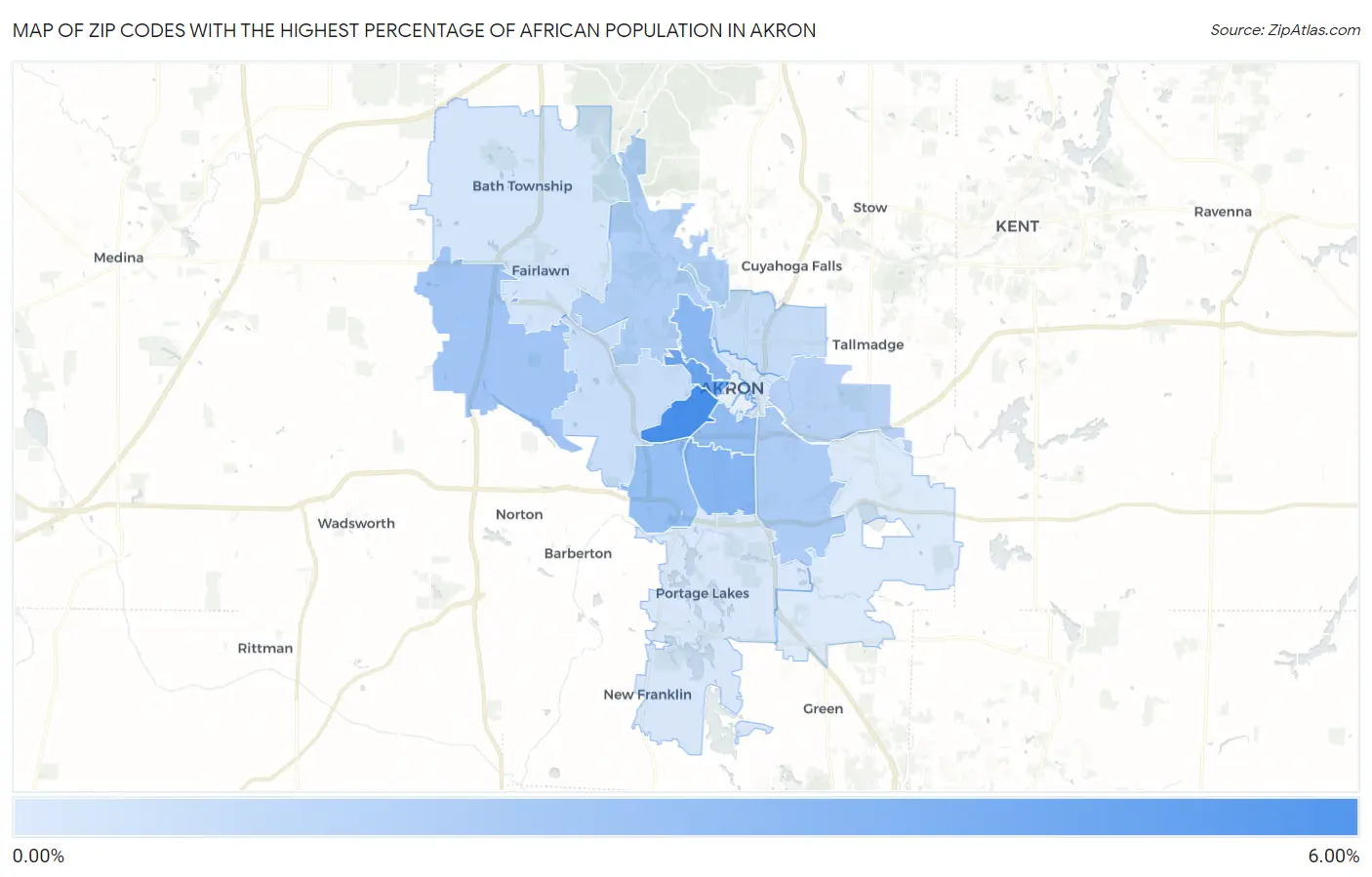 Zip Codes with the Highest Percentage of African Population in Akron Map
