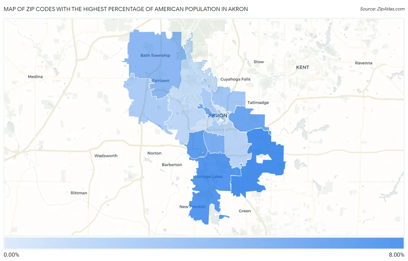 Zip Codes with the Highest Percentage of American Population in Akron Map