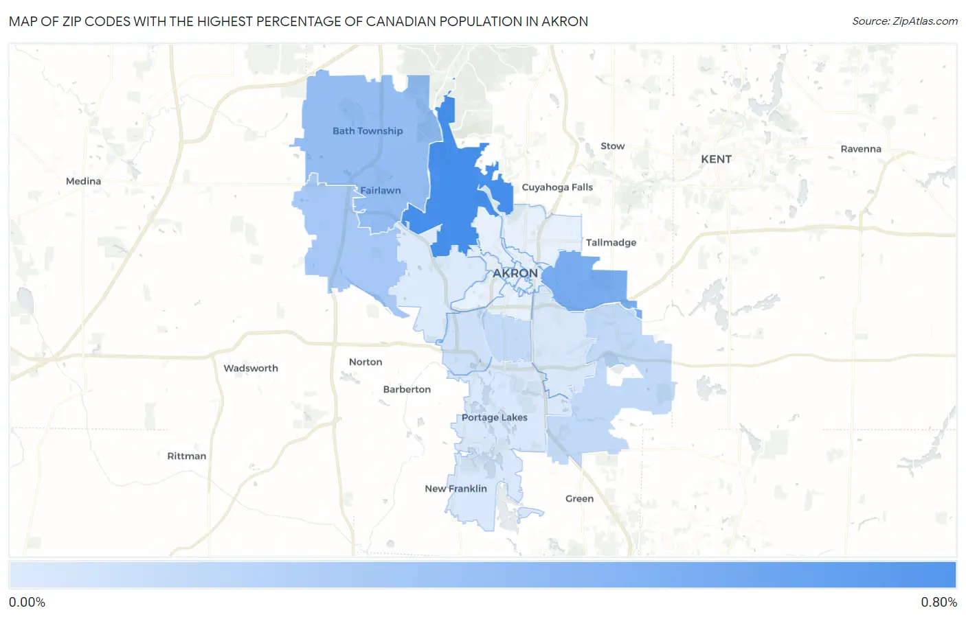 Zip Codes with the Highest Percentage of Canadian Population in Akron Map
