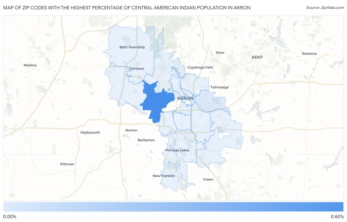 Zip Codes with the Highest Percentage of Central American Indian Population in Akron Map