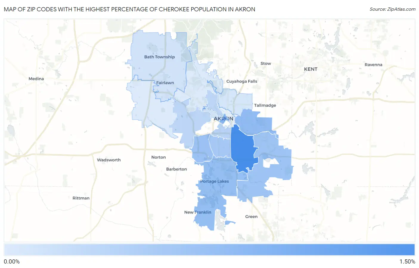 Zip Codes with the Highest Percentage of Cherokee Population in Akron Map