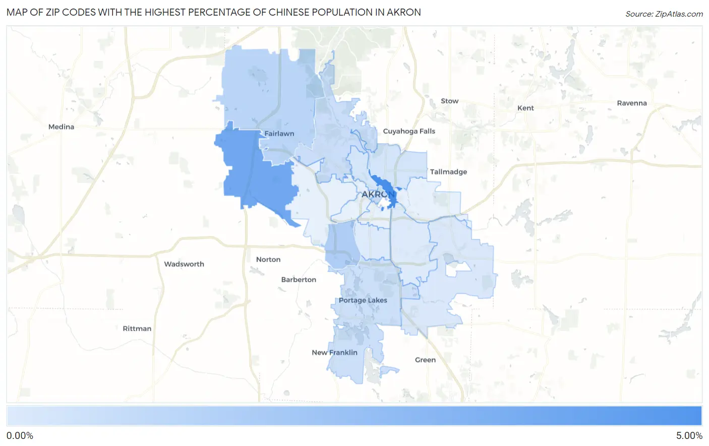 Zip Codes with the Highest Percentage of Chinese Population in Akron Map