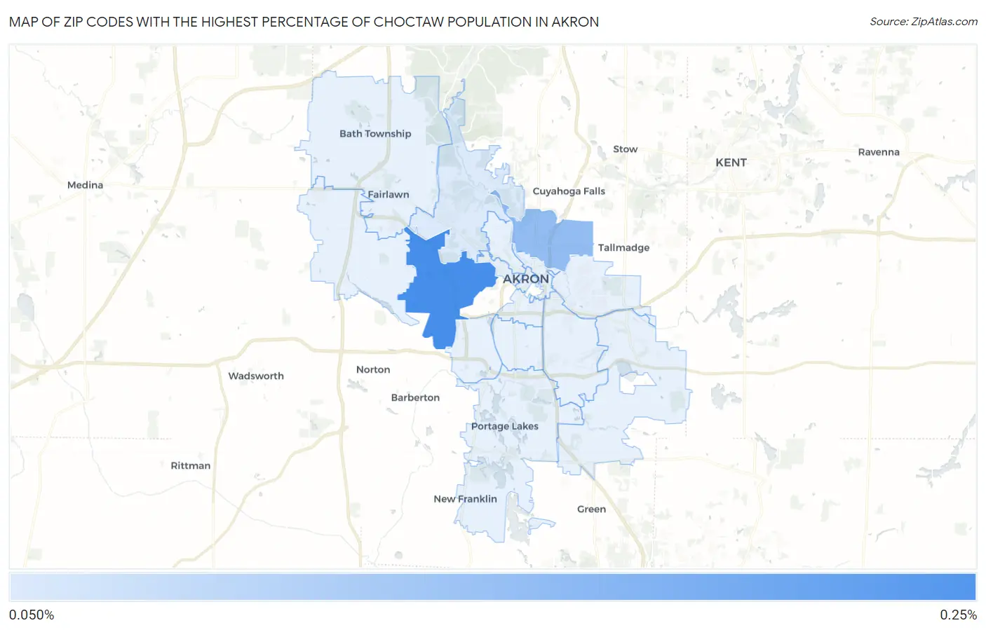 Zip Codes with the Highest Percentage of Choctaw Population in Akron Map