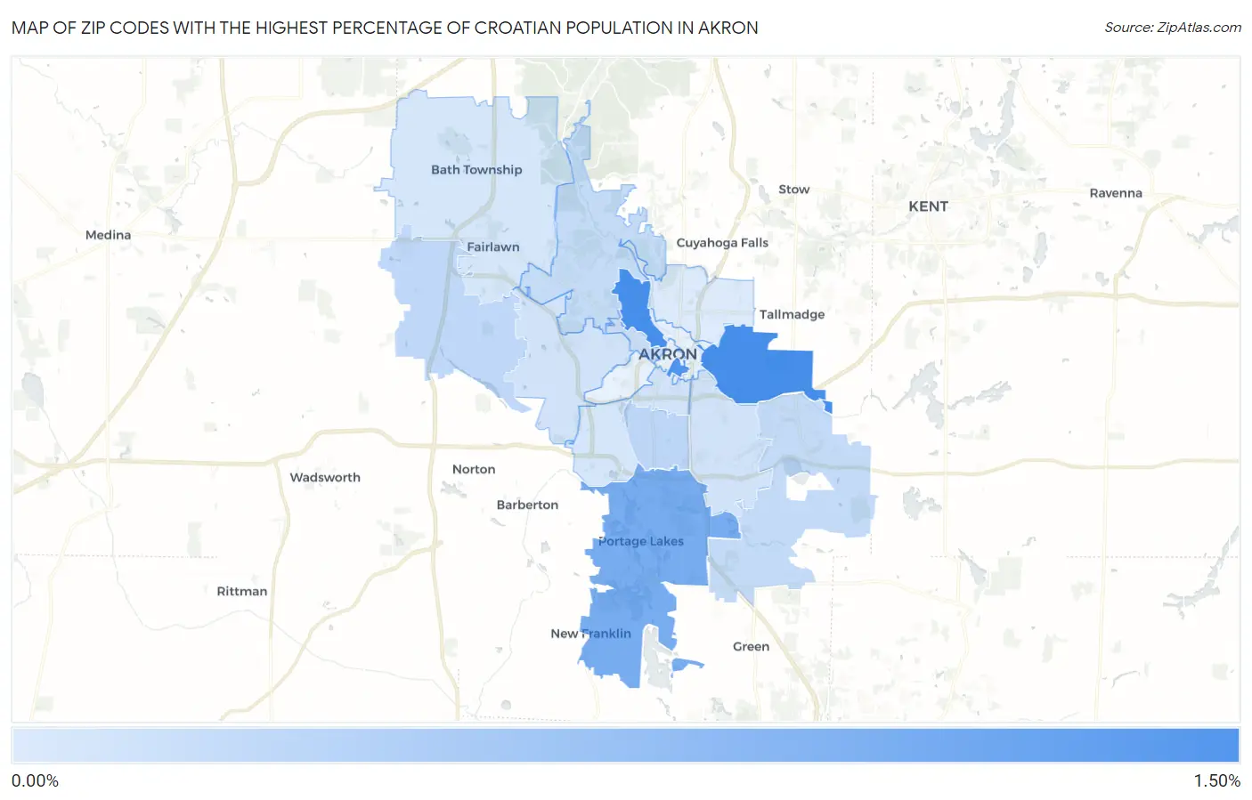 Zip Codes with the Highest Percentage of Croatian Population in Akron Map