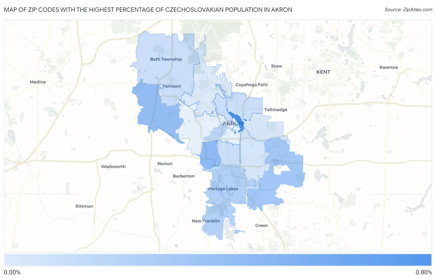 Zip Codes with the Highest Percentage of Czechoslovakian Population in Akron Map