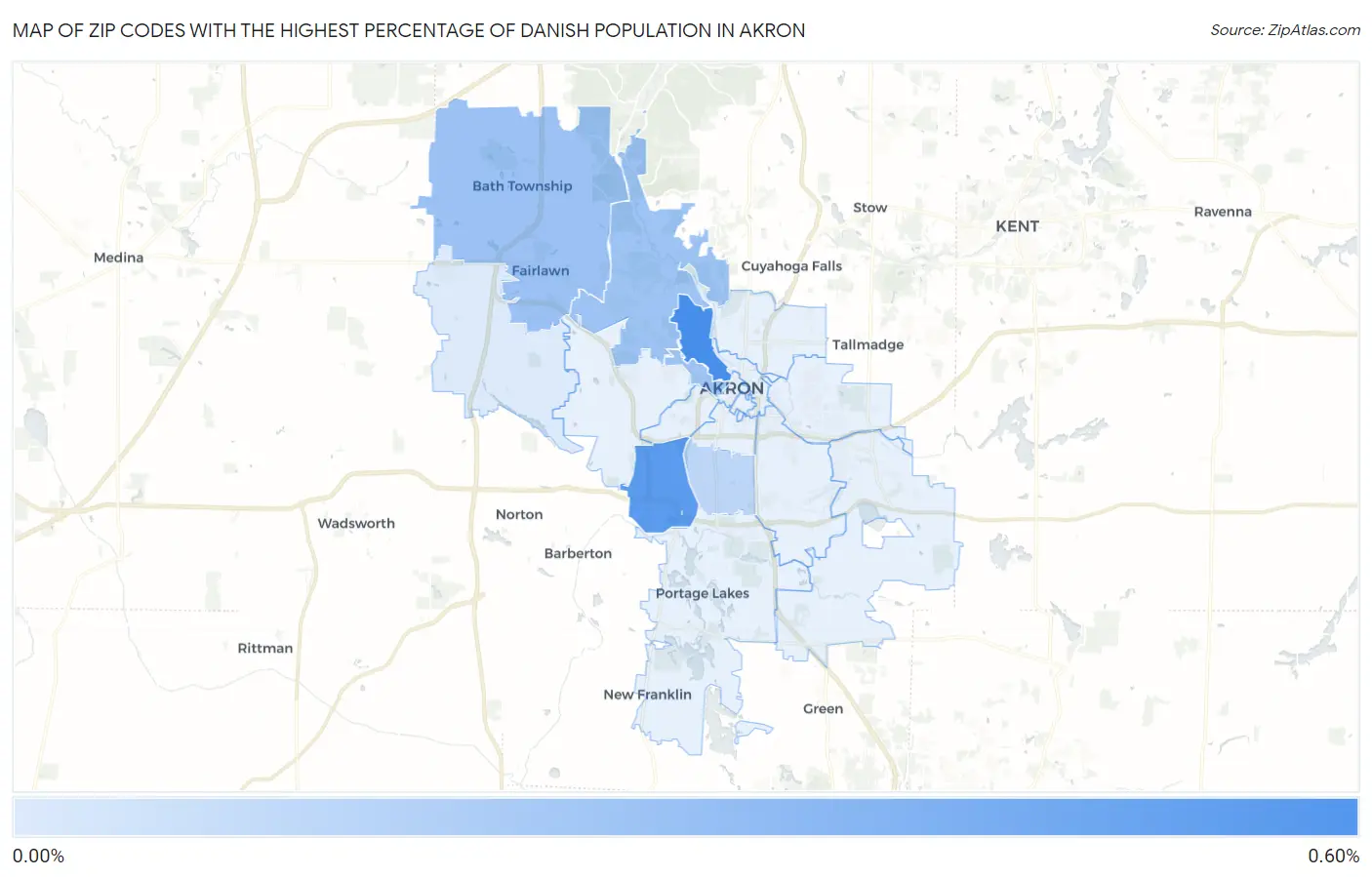 Zip Codes with the Highest Percentage of Danish Population in Akron Map