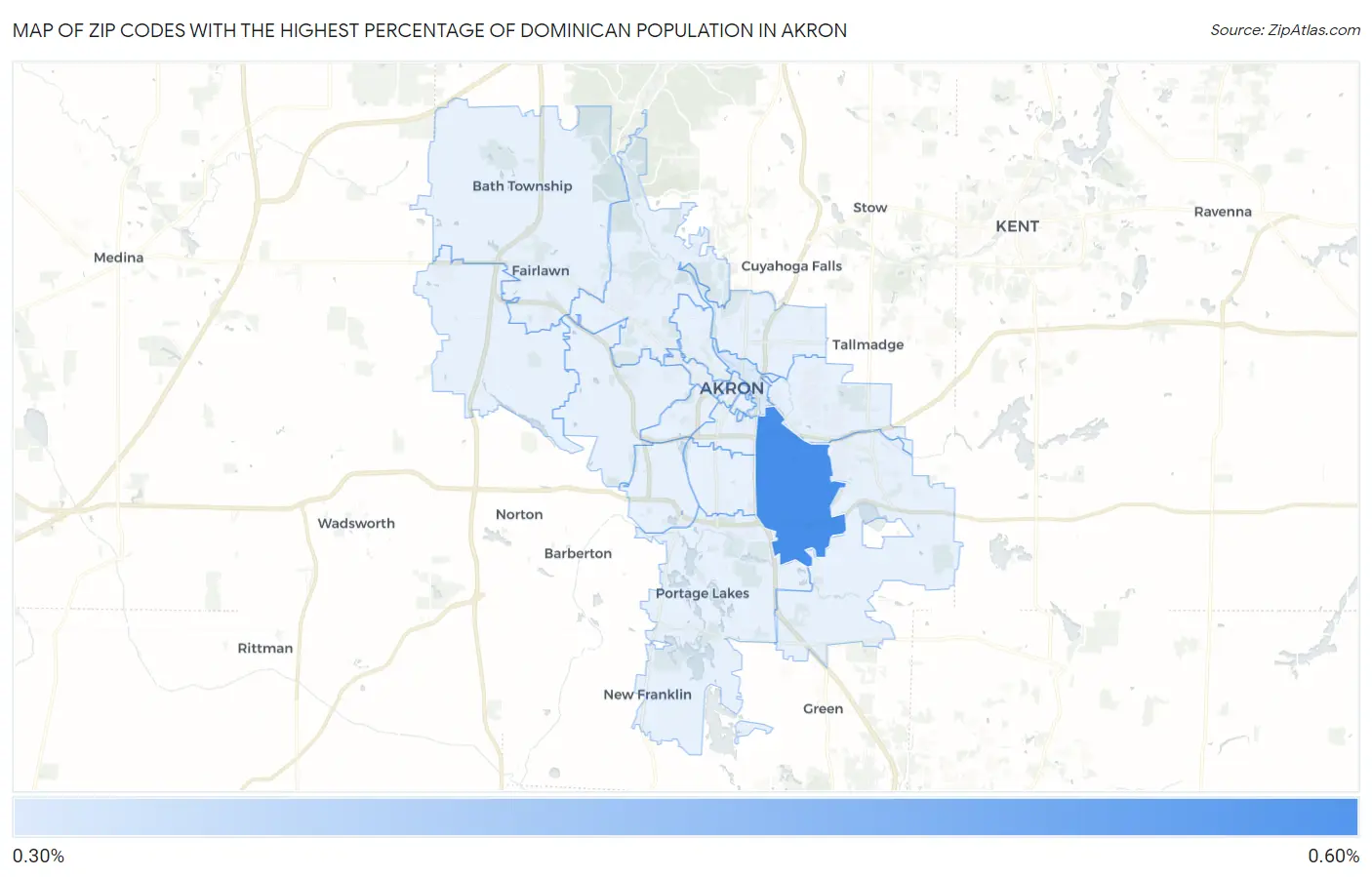 Zip Codes with the Highest Percentage of Dominican Population in Akron Map