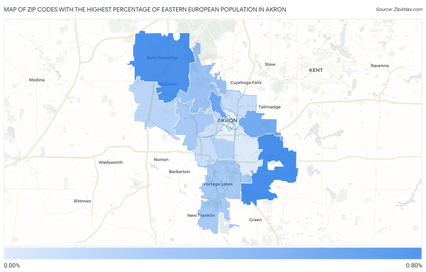 Zip Codes with the Highest Percentage of Eastern European Population in Akron Map