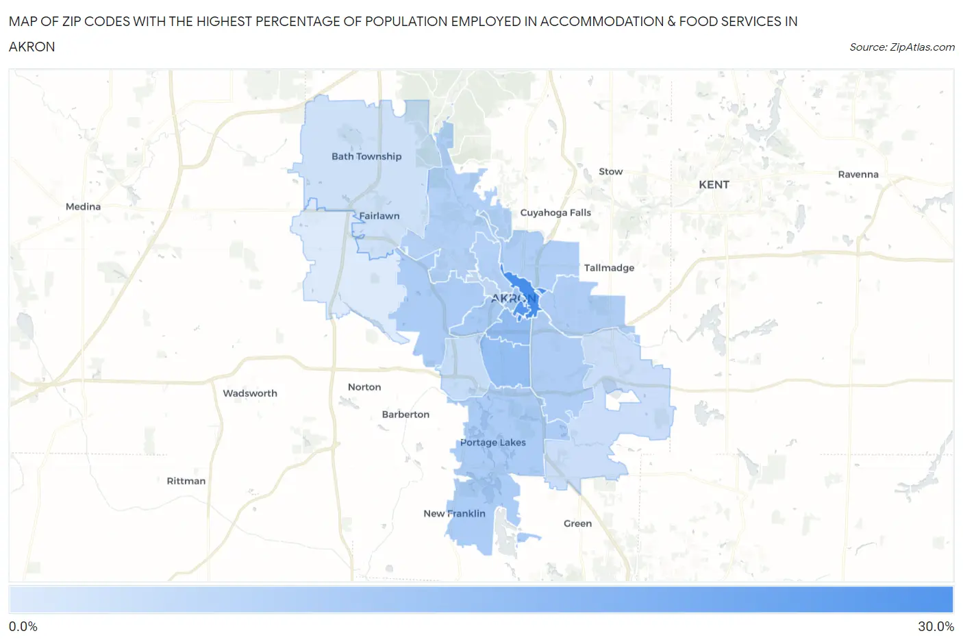Zip Codes with the Highest Percentage of Population Employed in Accommodation & Food Services in Akron Map