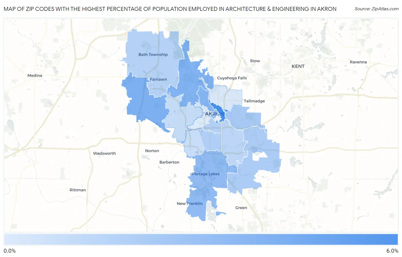 Zip Codes with the Highest Percentage of Population Employed in Architecture & Engineering in Akron Map