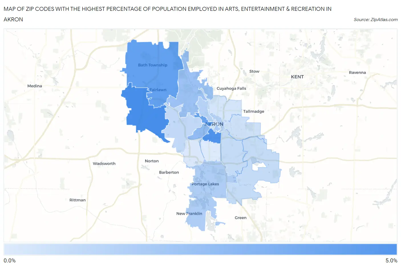 Zip Codes with the Highest Percentage of Population Employed in Arts, Entertainment & Recreation in Akron Map