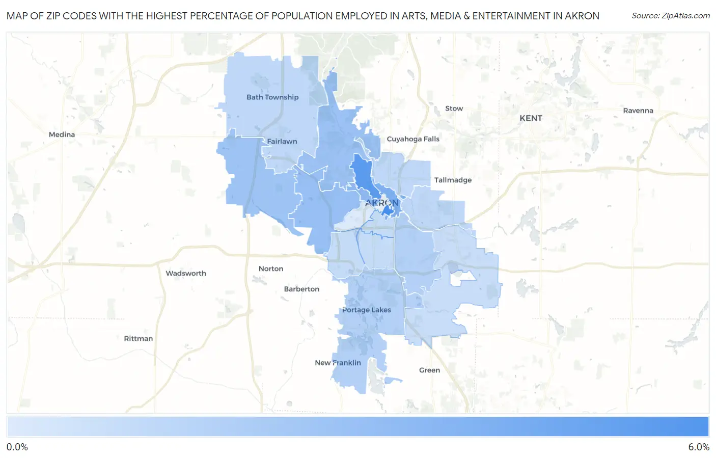 Zip Codes with the Highest Percentage of Population Employed in Arts, Media & Entertainment in Akron Map