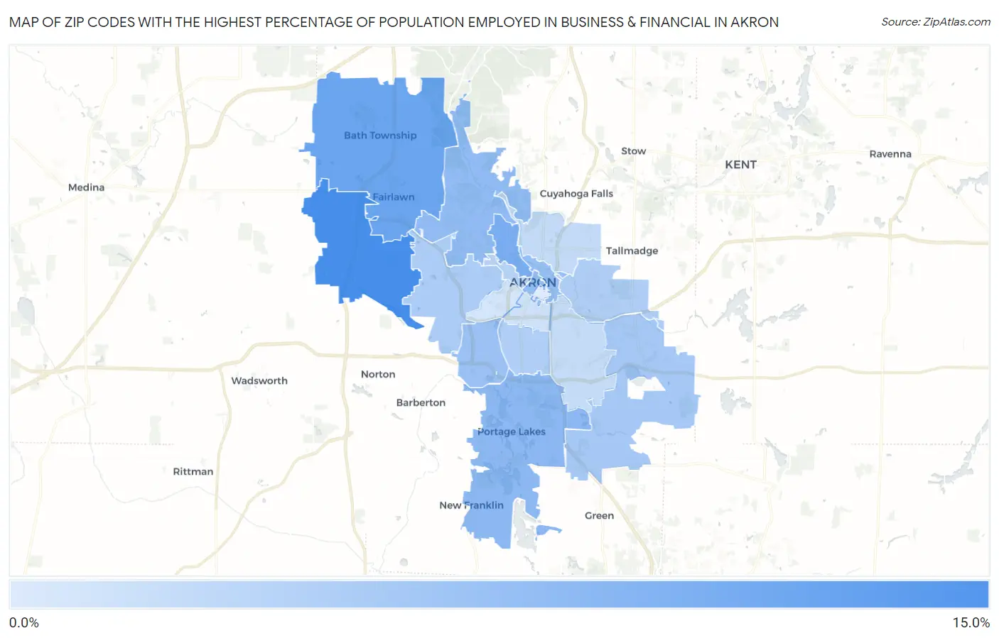 Zip Codes with the Highest Percentage of Population Employed in Business & Financial in Akron Map