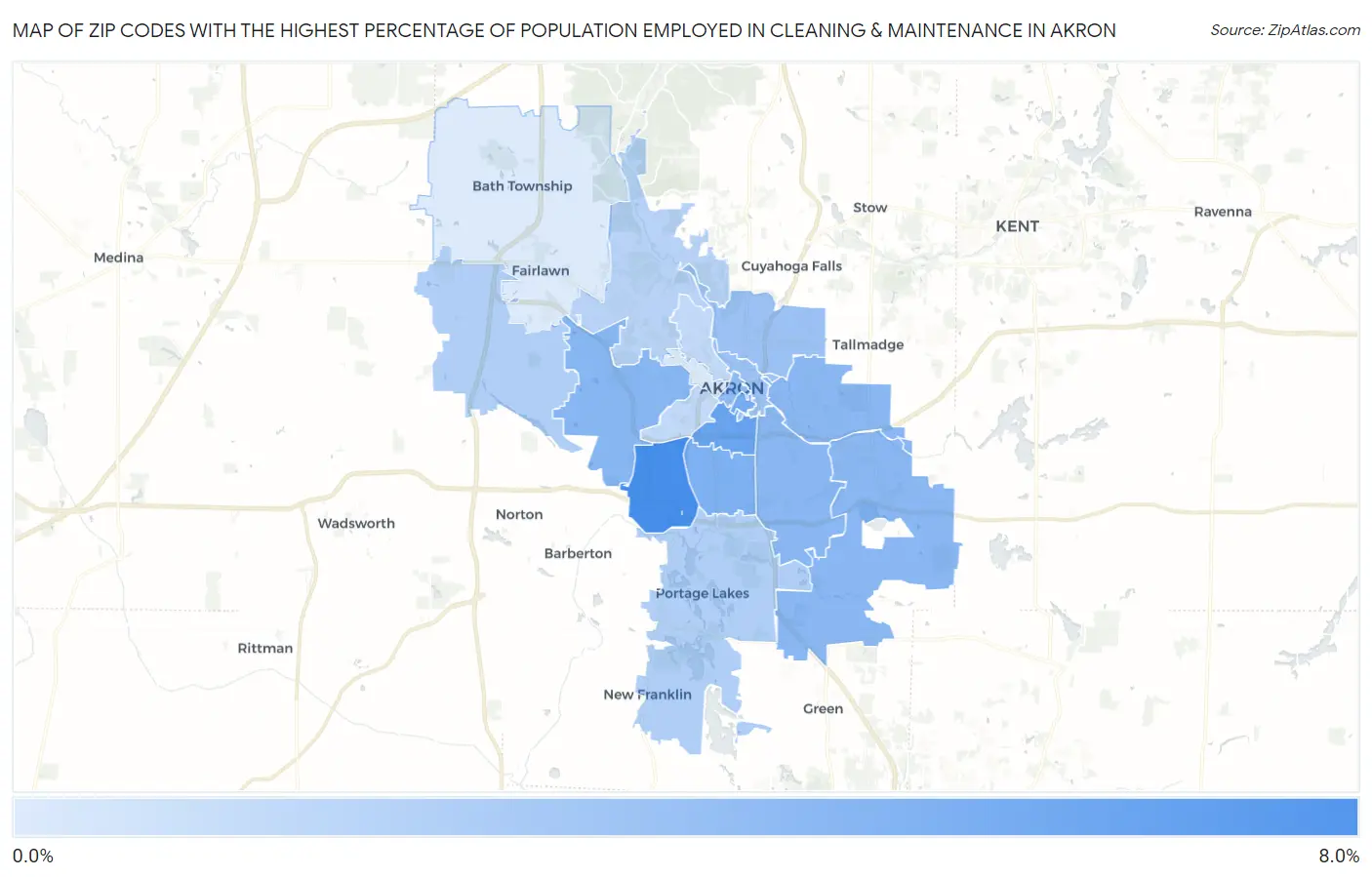 Zip Codes with the Highest Percentage of Population Employed in Cleaning & Maintenance in Akron Map