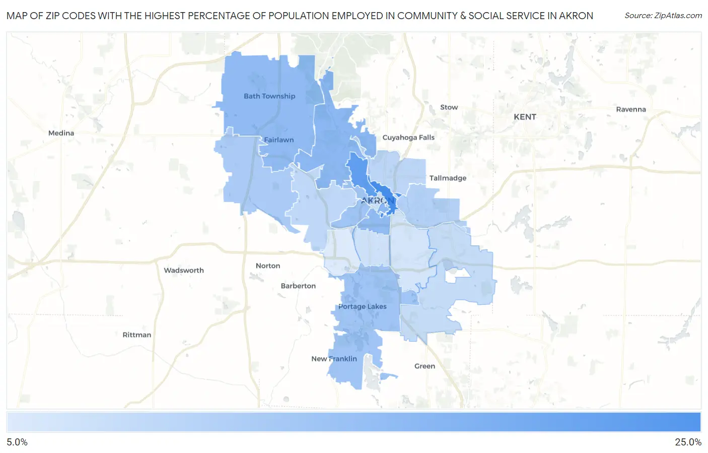 Zip Codes with the Highest Percentage of Population Employed in Community & Social Service  in Akron Map