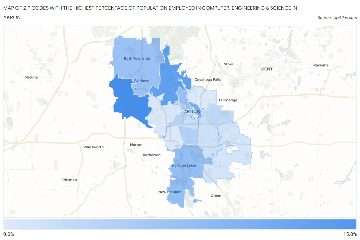 Zip Codes with the Highest Percentage of Population Employed in Computer, Engineering & Science in Akron Map