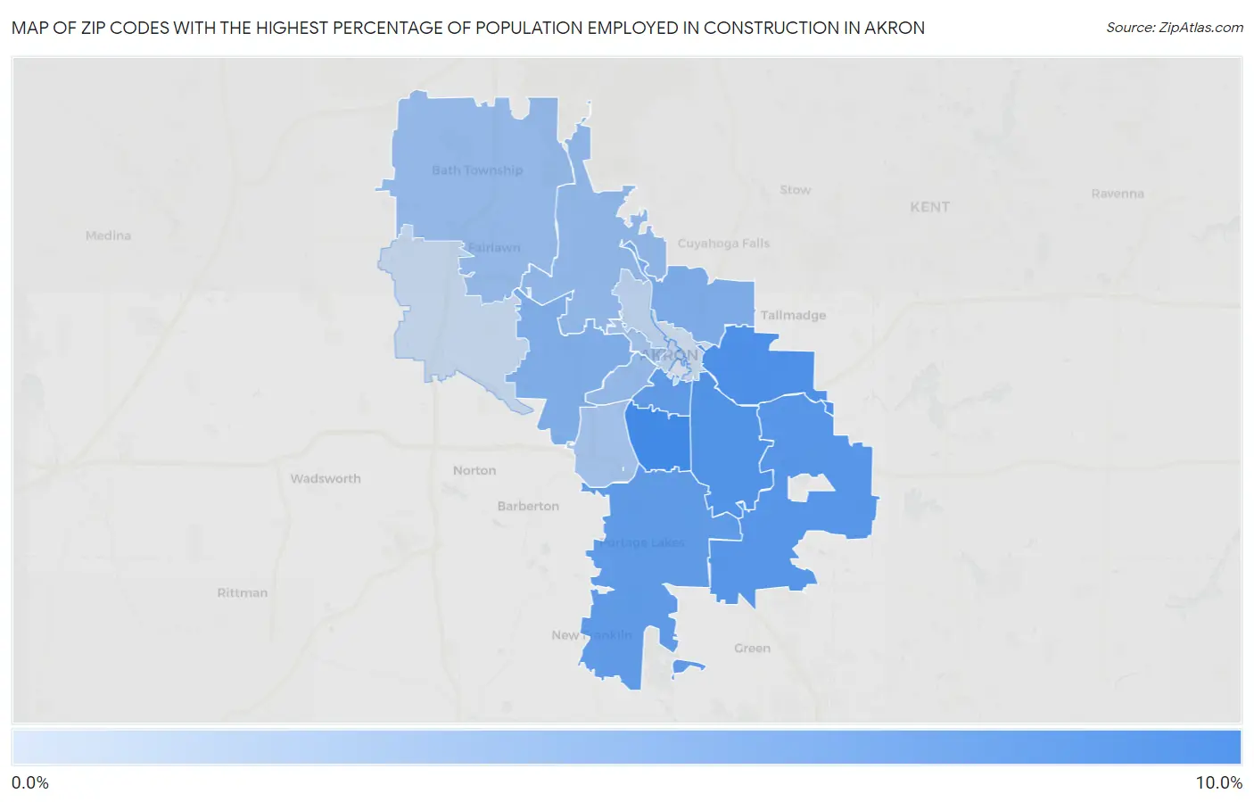 Zip Codes with the Highest Percentage of Population Employed in Construction in Akron Map