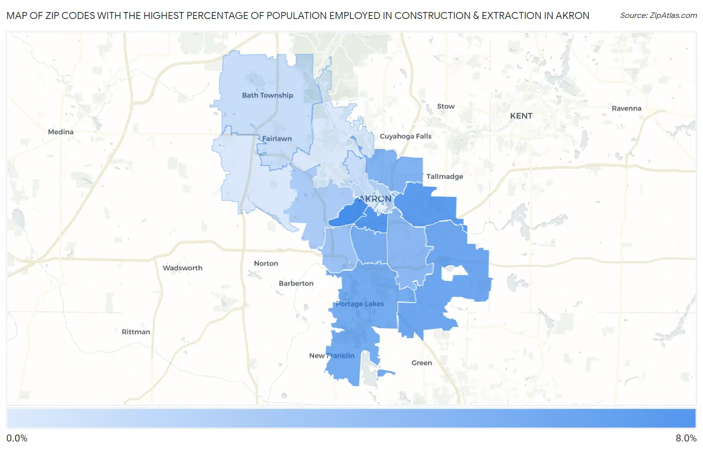 Zip Codes with the Highest Percentage of Population Employed in Construction & Extraction in Akron Map