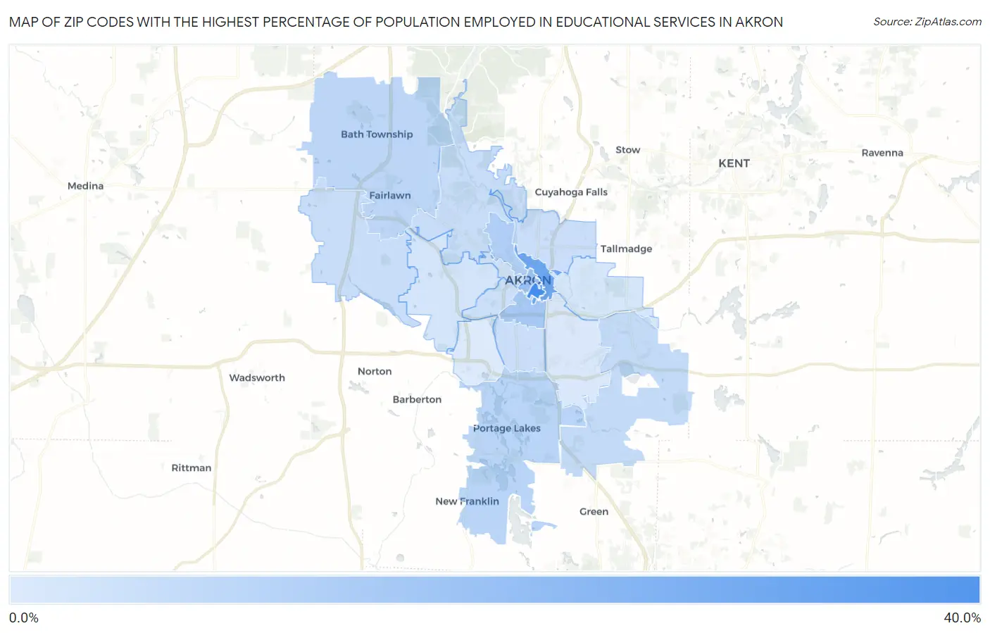 Zip Codes with the Highest Percentage of Population Employed in Educational Services in Akron Map