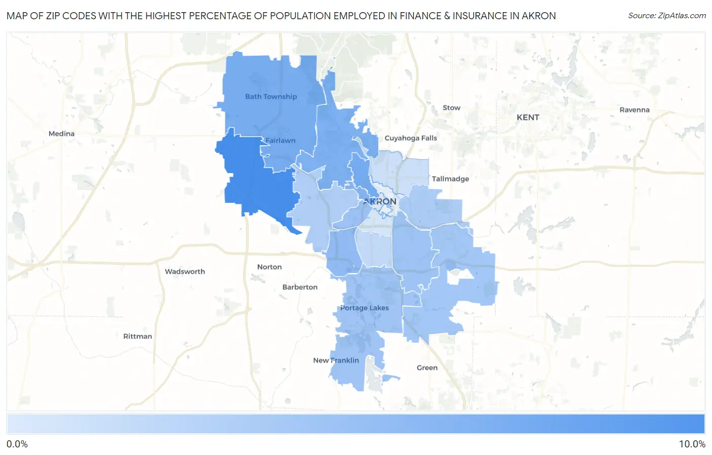 Zip Codes with the Highest Percentage of Population Employed in Finance & Insurance in Akron Map