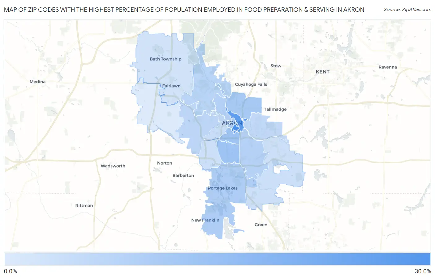 Zip Codes with the Highest Percentage of Population Employed in Food Preparation & Serving in Akron Map