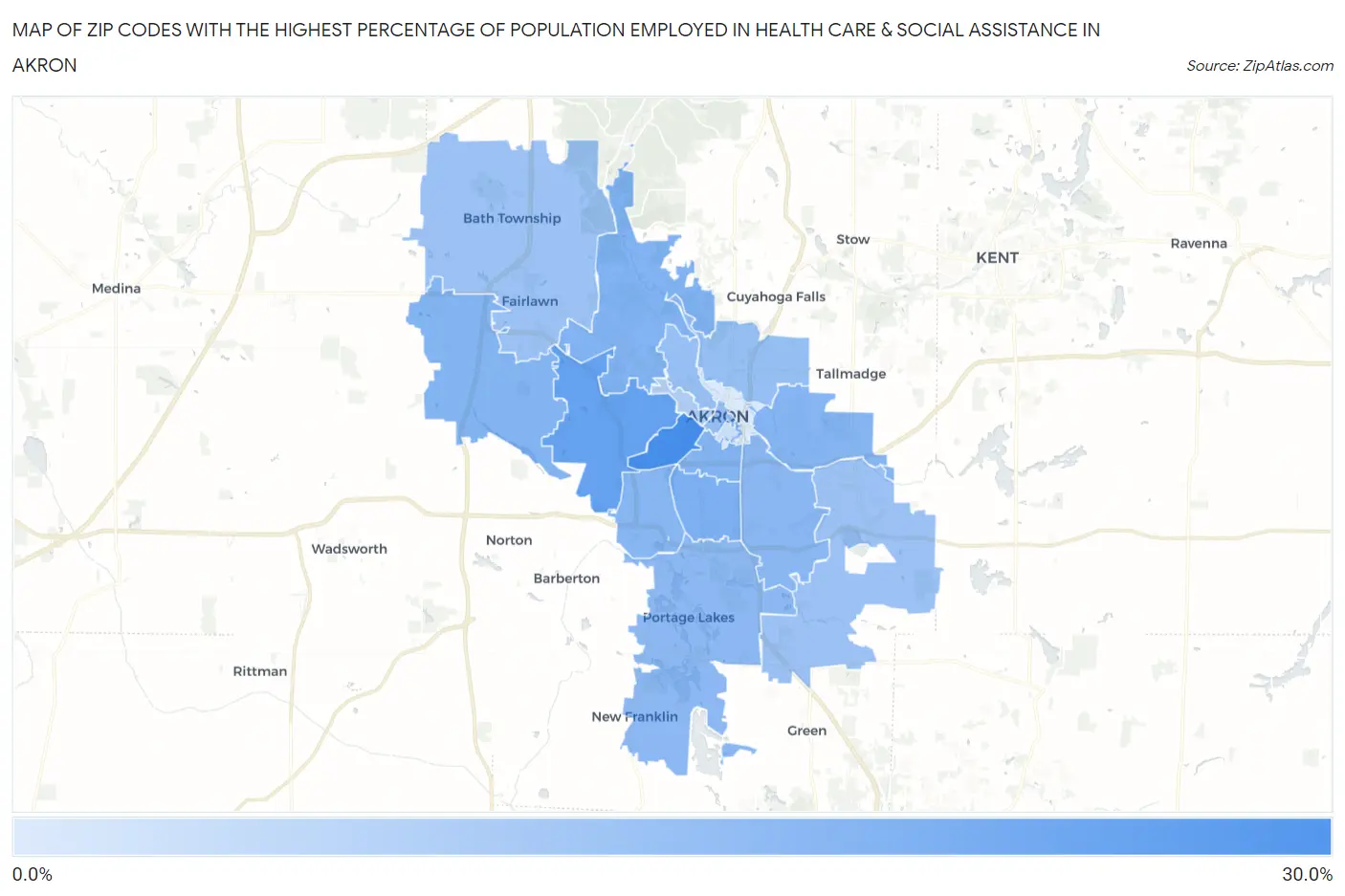 Zip Codes with the Highest Percentage of Population Employed in Health Care & Social Assistance in Akron Map