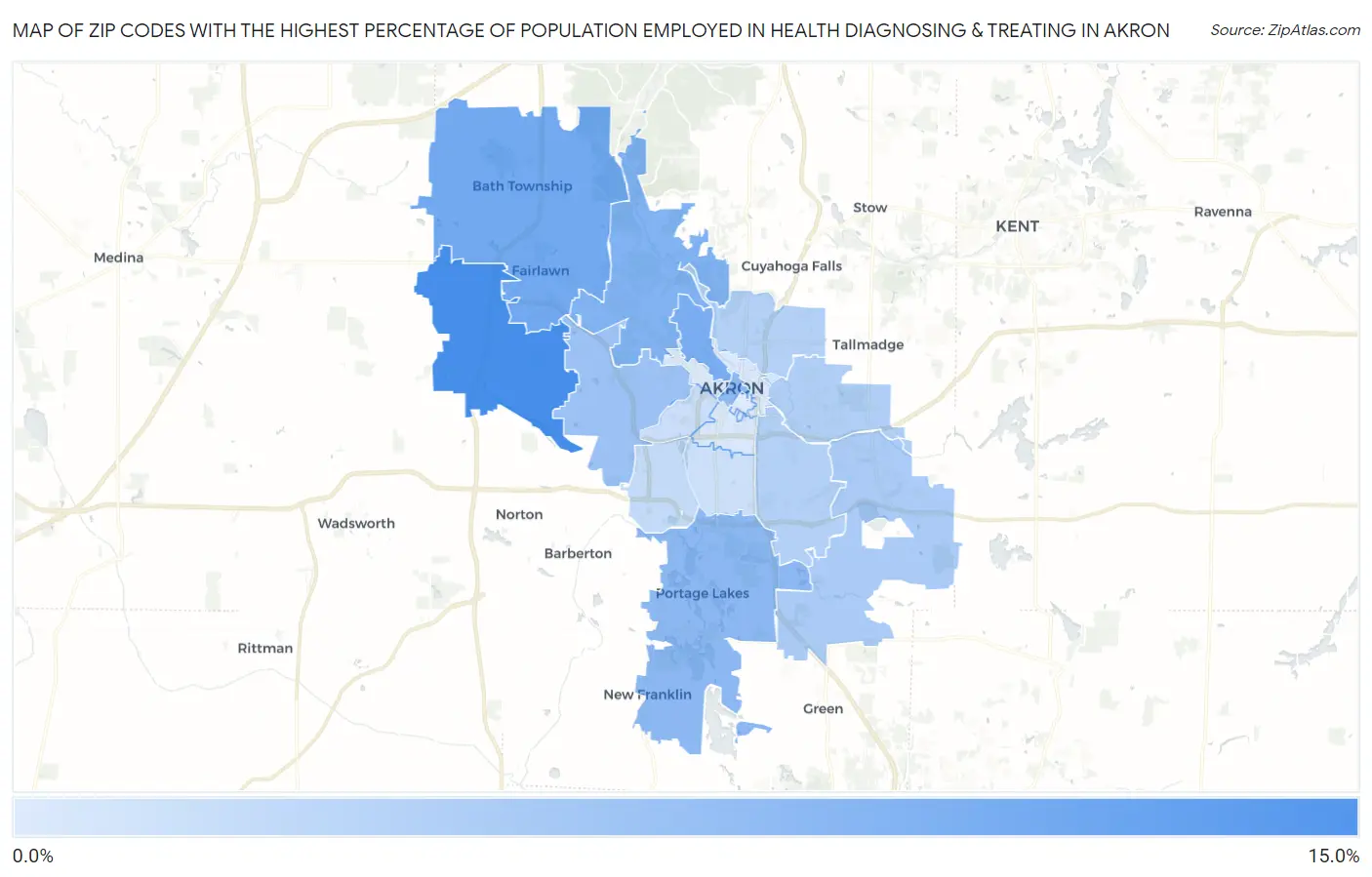 Zip Codes with the Highest Percentage of Population Employed in Health Diagnosing & Treating in Akron Map