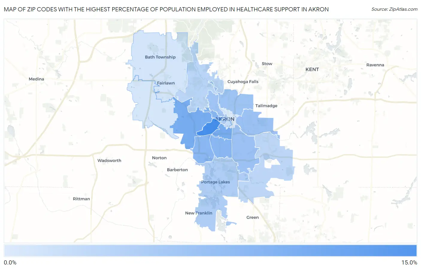 Zip Codes with the Highest Percentage of Population Employed in Healthcare Support in Akron Map