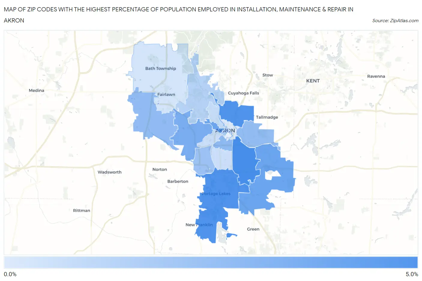 Zip Codes with the Highest Percentage of Population Employed in Installation, Maintenance & Repair in Akron Map