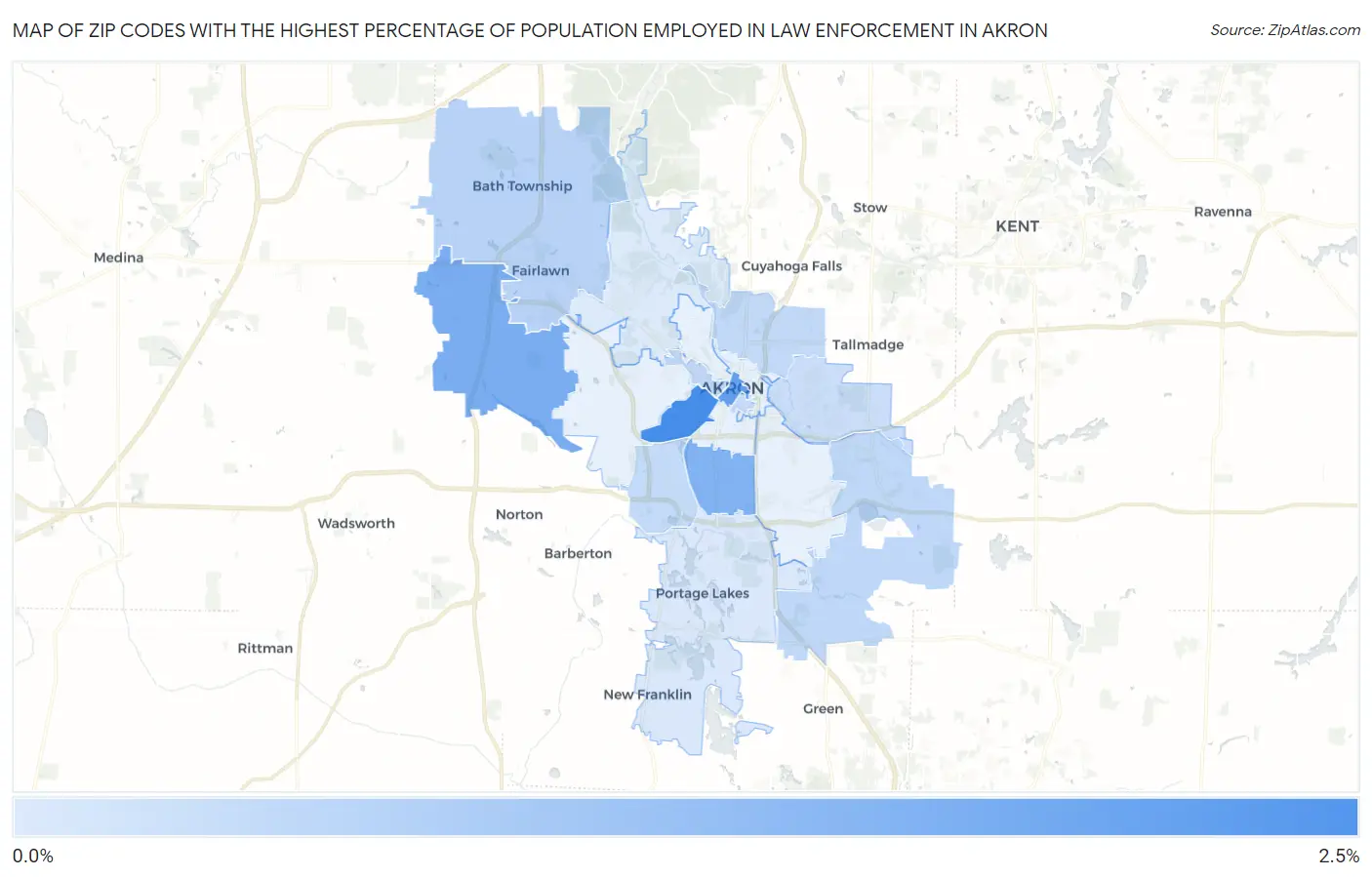 Zip Codes with the Highest Percentage of Population Employed in Law Enforcement in Akron Map
