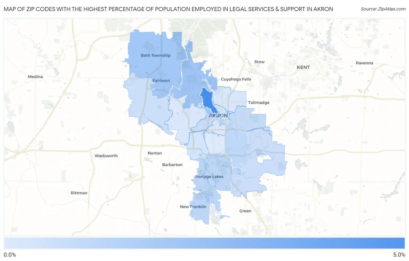 Zip Codes with the Highest Percentage of Population Employed in Legal Services & Support in Akron Map