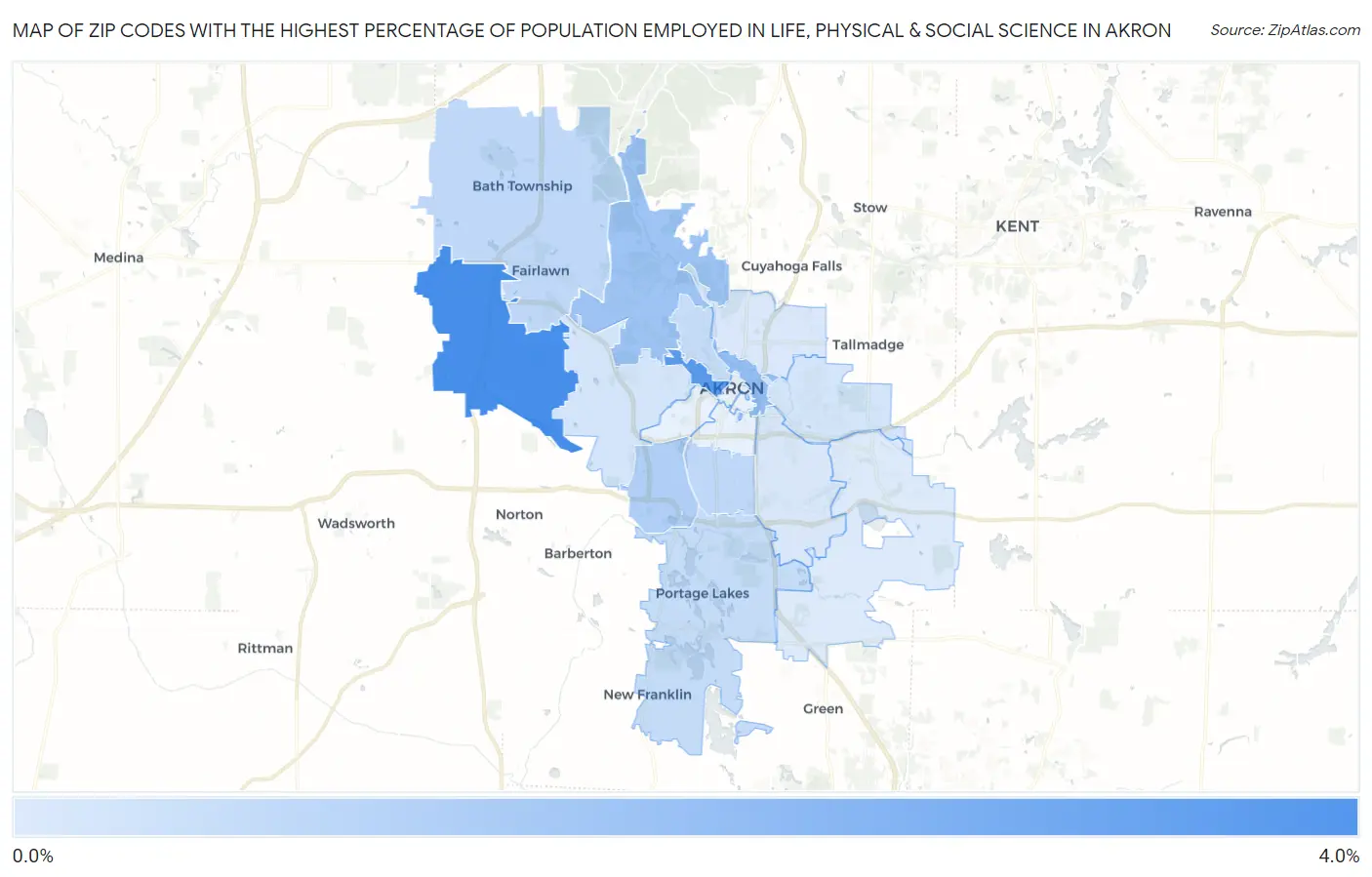 Zip Codes with the Highest Percentage of Population Employed in Life, Physical & Social Science in Akron Map