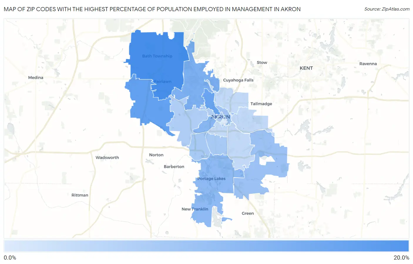 Zip Codes with the Highest Percentage of Population Employed in Management in Akron Map