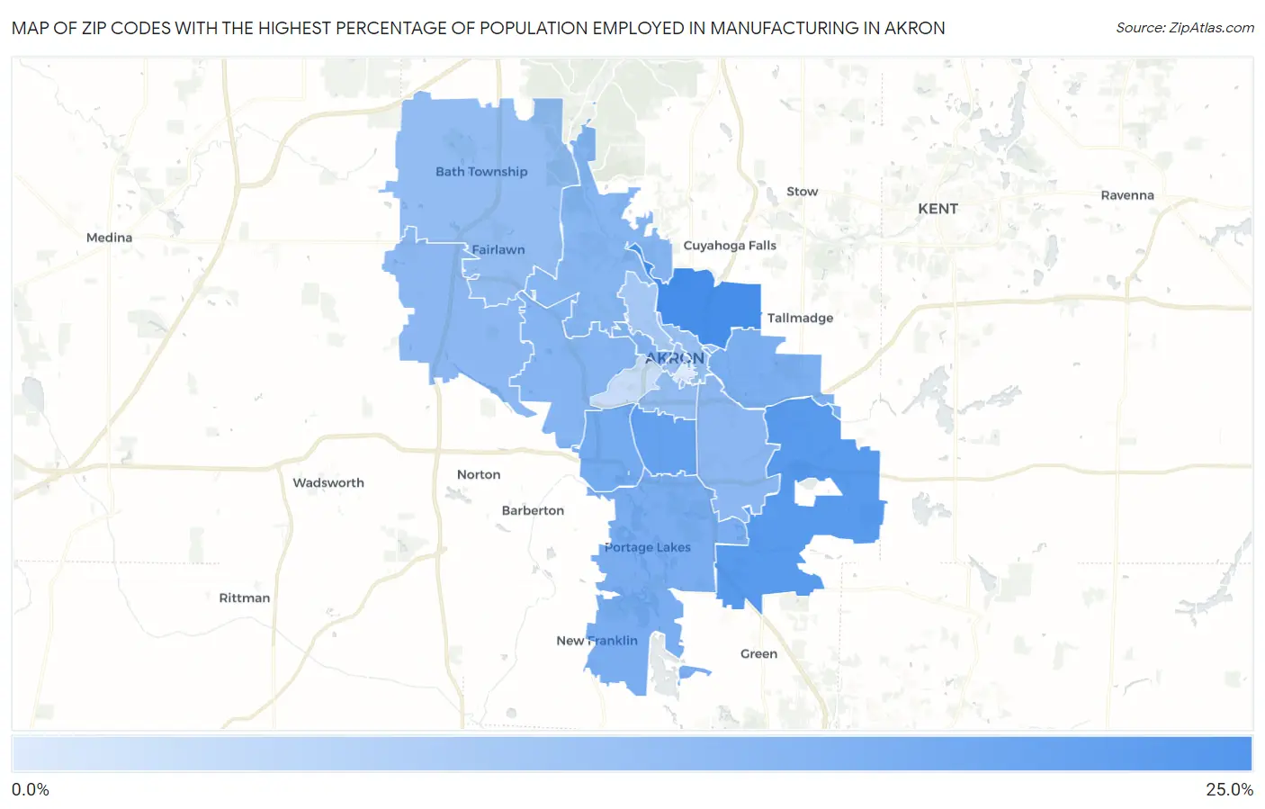 Zip Codes with the Highest Percentage of Population Employed in Manufacturing in Akron Map
