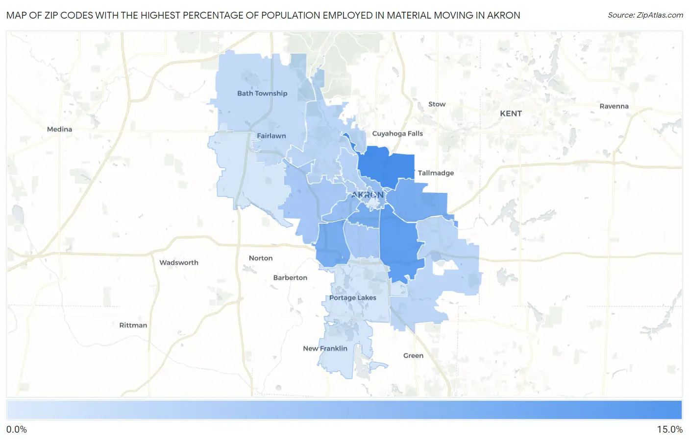 Zip Codes with the Highest Percentage of Population Employed in Material Moving in Akron Map
