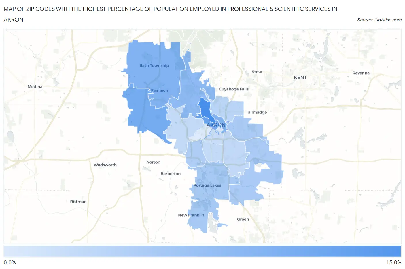 Zip Codes with the Highest Percentage of Population Employed in Professional & Scientific Services in Akron Map