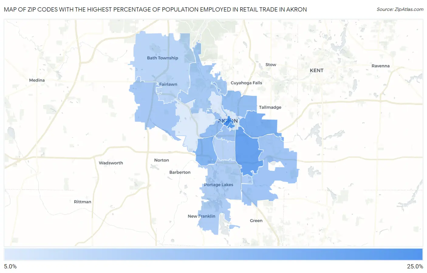 Zip Codes with the Highest Percentage of Population Employed in Retail Trade in Akron Map