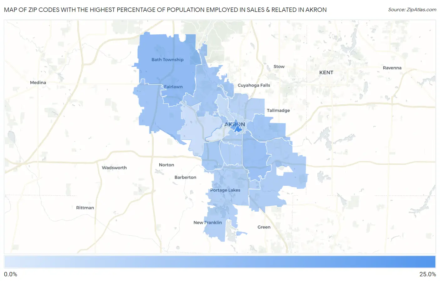 Zip Codes with the Highest Percentage of Population Employed in Sales & Related in Akron Map