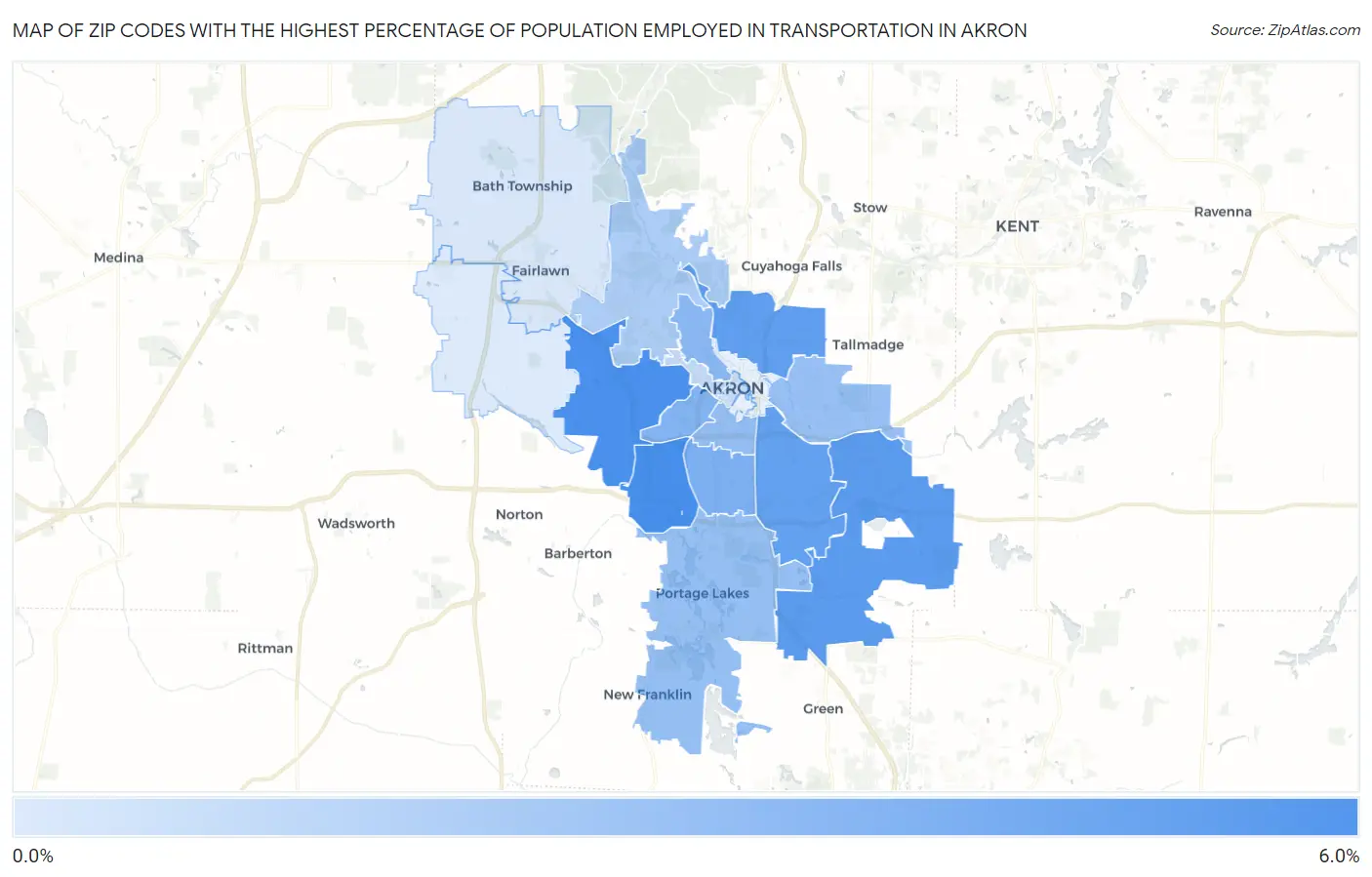 Zip Codes with the Highest Percentage of Population Employed in Transportation in Akron Map