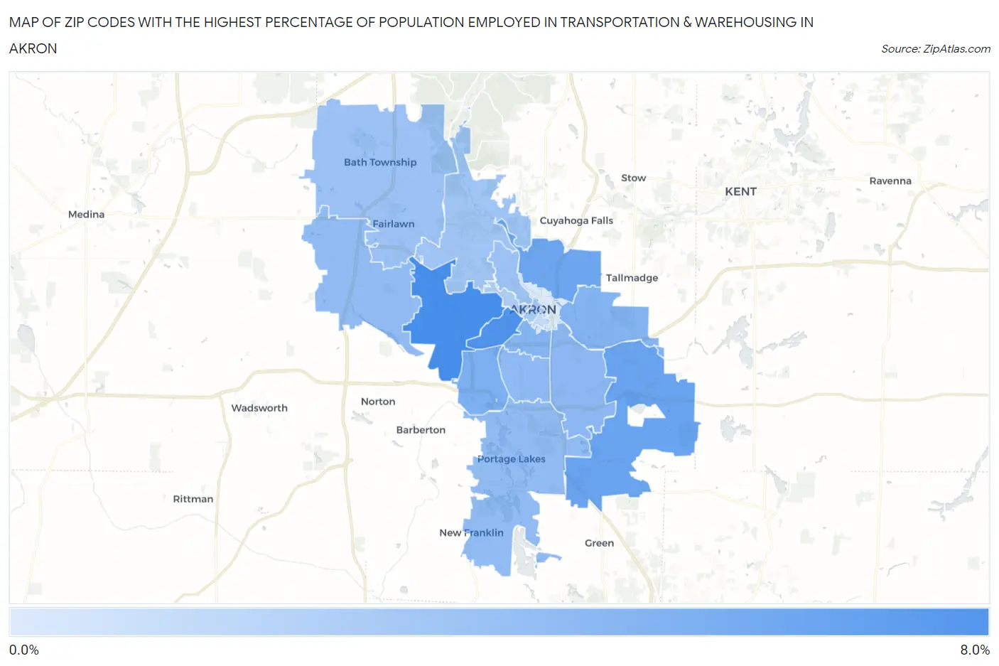 Zip Codes with the Highest Percentage of Population Employed in Transportation & Warehousing in Akron Map