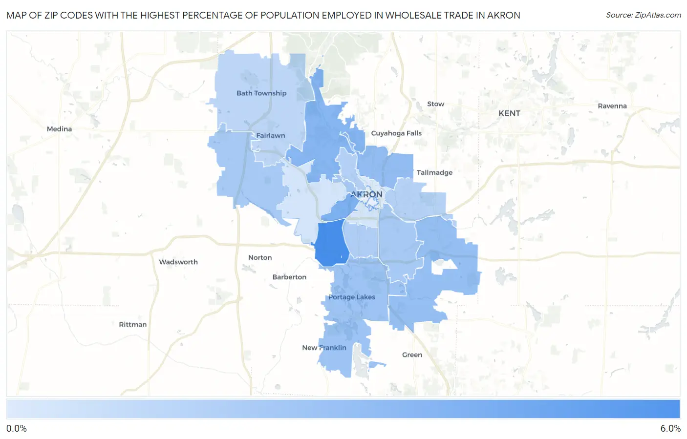 Zip Codes with the Highest Percentage of Population Employed in Wholesale Trade in Akron Map