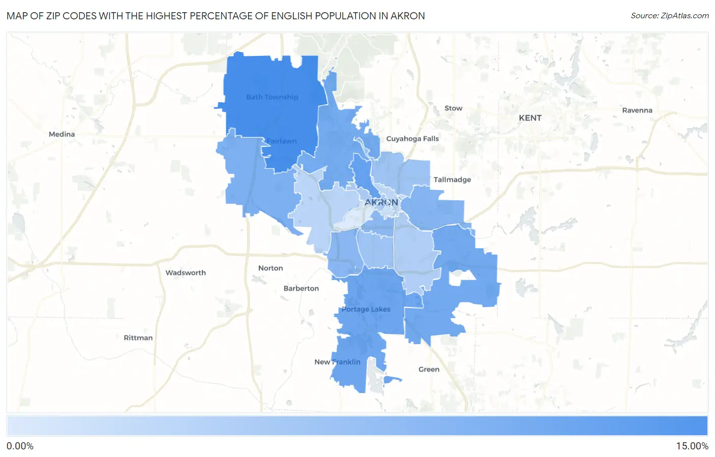 Zip Codes with the Highest Percentage of English Population in Akron Map