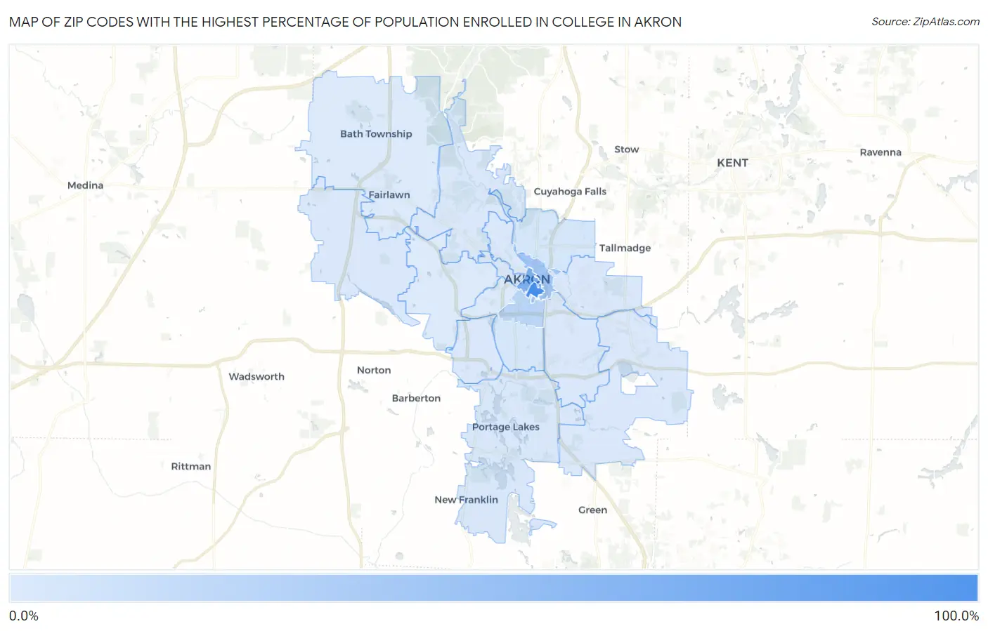 Zip Codes with the Highest Percentage of Population Enrolled in College in Akron Map