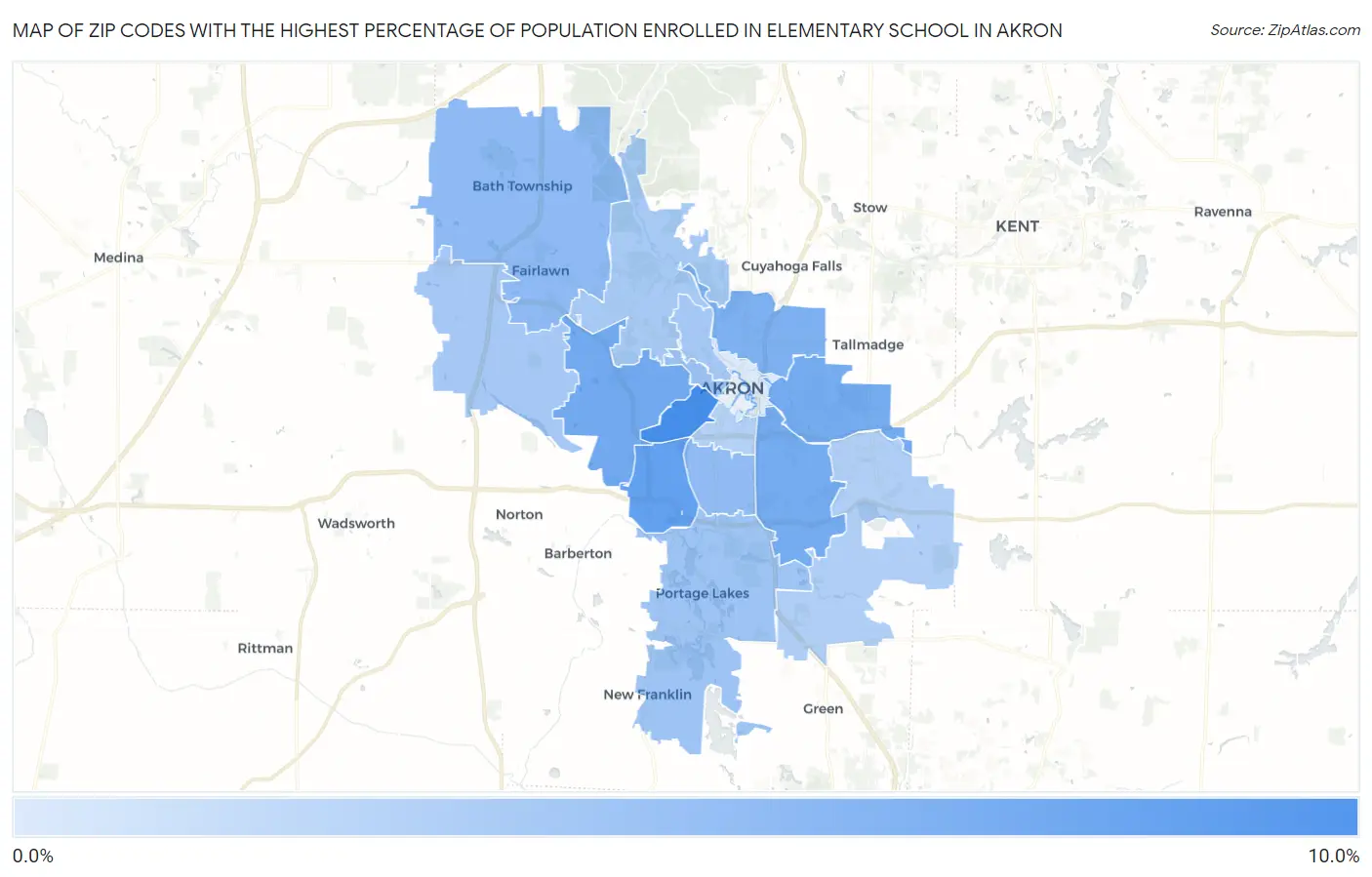 Zip Codes with the Highest Percentage of Population Enrolled in Elementary School in Akron Map